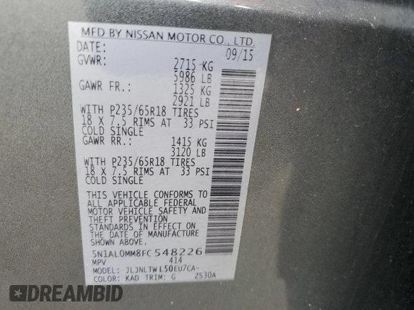 2015 Infiniti QX60 with VIN 5N1AL0MM8FC548226, listed as a Copart auction lot 52940685 with 150,592 mi miles and Salvage title. Bid and sale history available at DreamBid. Image 13.