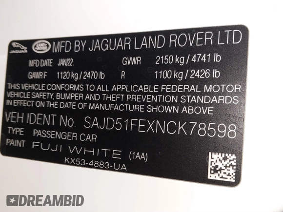 2022 Jaguar F-Type R with VIN SAJD51FEXNCK78598, listed as a IAAI auction lot 41211097 with 12,120 mi miles and . Bid and sale history available at DreamBid. Image 9.