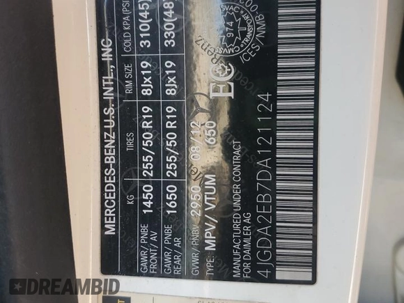 2013 Mercedes-Benz M 350 with VIN 4JGDA2EB7DA121124, listed as a Copart auction lot 59145665 with Not provided miles and Clean title. Bid and sale history available at DreamBid. Image 13.