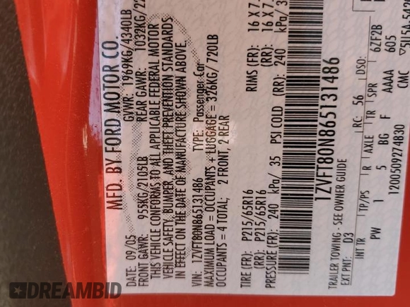 2006 Ford Mustang Standard with VIN 1ZVFT80N865131486, listed as a Copart auction lot 62031945 with Not provided miles and Salvage title. Bid and sale history available at DreamBid. Image 12.