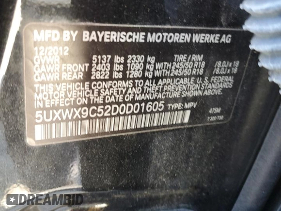 2013 BMW X3 xDrive28i with VIN 5UXWX9C52D0D01605, listed as a Copart auction lot 55208845 with 111,215 mi miles and Clean Title. Bid and sale history available at carsss.com. Image 13.