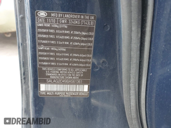 2011 Land Rover LR4 HSE with VIN SALAG2D49BA561361, listed as a IAAI auction lot 42126579 with 186,210 mi miles and . Bid and sale history available at DreamBid. Image 9.