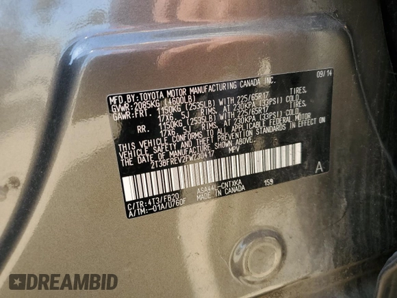 2015 Toyota RAV4 LE with VIN 2T3BFREV2FW230417, listed as a Copart auction lot 61063105 with 138,480 mi miles and Salvage title. Bid and sale history available at DreamBid. Image 12.