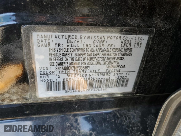 2021 Nissan Sentra SV with VIN 3N1AB8CV7MY306860, listed as a Copart auction lot 47939825 with 34,409 mi miles and Salvage title. Bid and sale history available at DreamBid. Image 12.