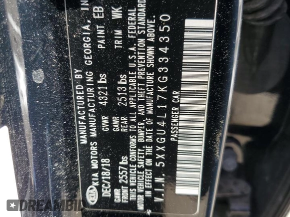 2019 Kia Optima EX with VIN 5XXGU4L17KG334350, listed as a Copart auction lot 43554635 with 55,465 mi miles and Salvage Title. Bid and sale history available at carsss.com. Image 12.
