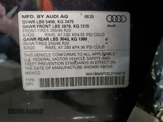 2020 Audi Q5 Premium Plus with VIN WA1BNAFY2L2104618, listed as a Copart auction lot 72943952 with 26,147 mi miles. Bid and sale history available at carsss.com. Image 15.