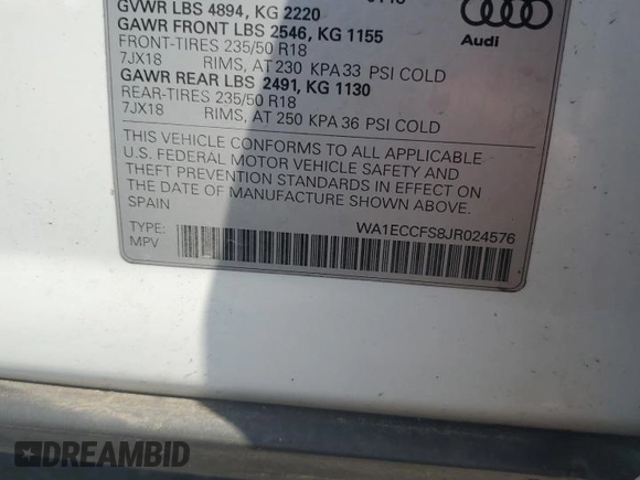 2018 Audi Q3 Premium with VIN WA1ECCFS8JR024576, listed as a Copart auction lot 64018985 with 128,784 mi miles and Clean title. Bid and sale history available at DreamBid. Image 13.