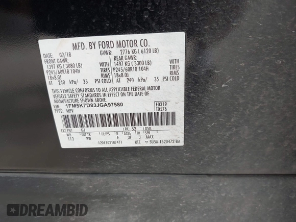 2018 Ford Explorer XLT с VIN 1FM5K7D83JGA97580, выставлен на аукционе IAAI как лот 42302466 с пробегом 153 546 миль миль и . История ставок и продаж доступна на DreamBid. Изображение 9.