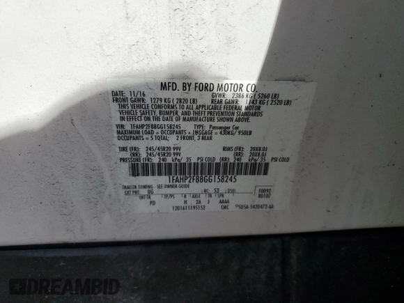 2016 Ford Taurus Limited with VIN 1FAHP2F88GG158245, listed as a Copart auction lot 50466845 with 127,023 mi miles and Salvage Title. Bid and sale history available at DreamBid. Image 12.