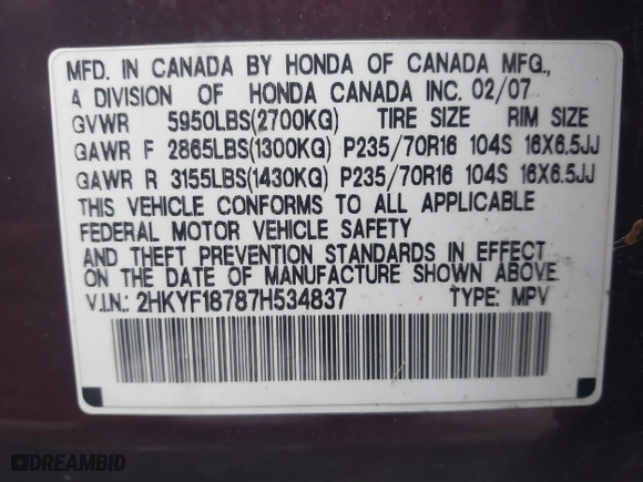 2007 Honda Pilot EX-L with VIN 2HKYF18787H534837, listed as a IAAI auction lot 41861438 with 199,355 mi miles. Bid and sale history available at carsss.com. Image 9.