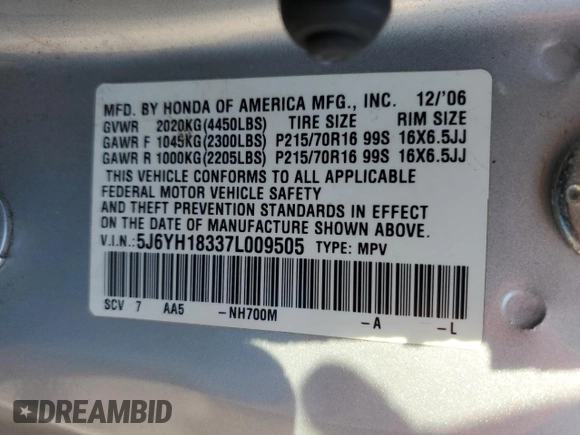 2007 Honda Element LX with VIN 5J6YH18337L009505, listed as a Copart auction lot 53969285 with 225,154 mi miles and Salvage Title. Bid and sale history available at DreamBid. Image 12.