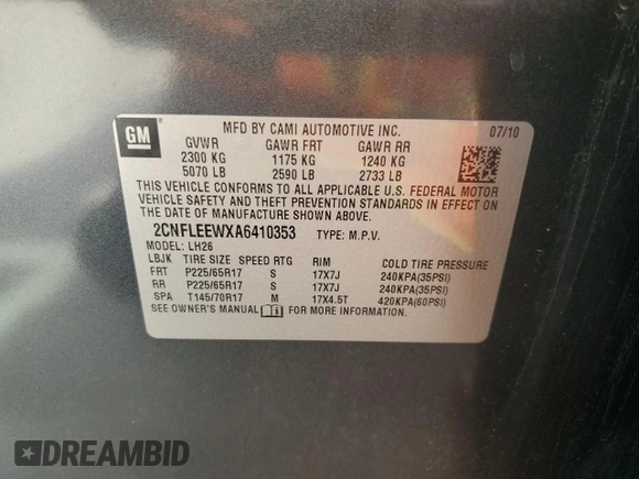 2010 Chevrolet Equinox 1LT with VIN 2CNFLEEWXA6410353, listed as a Copart auction lot 53783375 with 134,435 mi miles and Salvage Title. Bid and sale history available at DreamBid. Image 14.