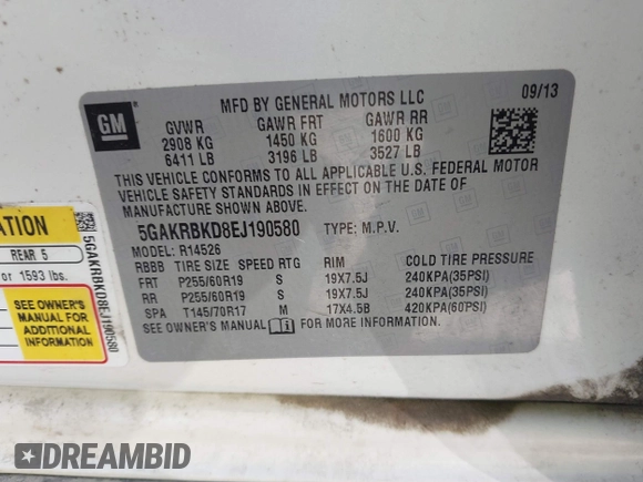 2014 Buick Enclave Leather with VIN 5GAKRBKD8EJ190580, listed as a IAAI auction lot 42016183 with 183,278 mi miles and . Bid and sale history available at DreamBid. Image 9.