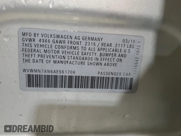 2010 Volkswagen CC Sport with VIN WVWMN7AN6AE551706, listed as a Copart auction lot 51645565 with 159,562 mi miles and Salvage Title. Bid and sale history available at carsss.com. Image 12.