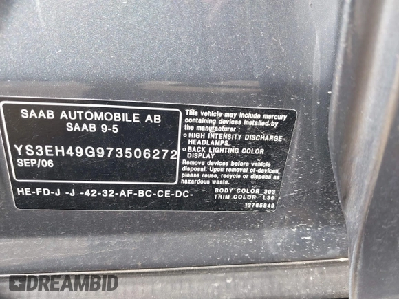 2007 Saab 9-5 Aero with VIN YS3EH49G973506272, listed as a IAAI auction lot 41891935 with 138,839 mi miles. Bid and sale history available at carsss.com. Image 9.