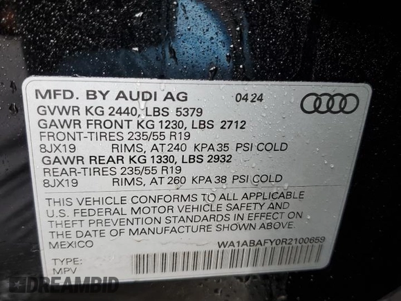 2024 Audi Q5 Premium with VIN WA1ABAFY0R2100659, listed as a Copart auction lot 45125755 with 6,175 mi miles and Salvage Title. Bid and sale history available at carsss.com. Image 12.