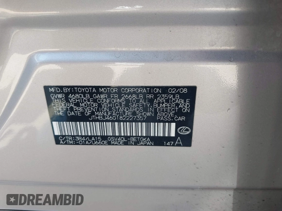 2008 Lexus ES 330 с VIN JTHBJ46G182227357, выставлен на аукционе IAAI как лот 42386143 с пробегом 126 422 миль миль и . История ставок и продаж доступна на DreamBid. Изображение 9.