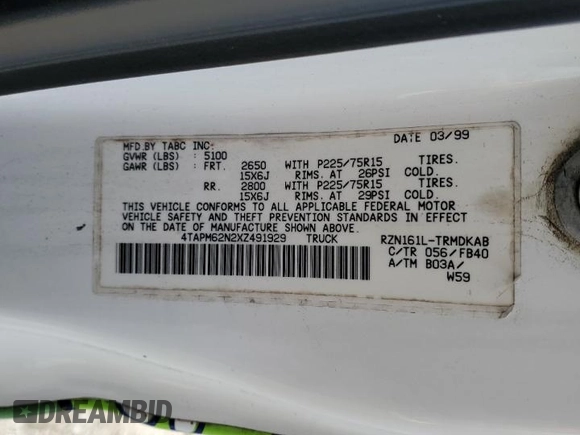 1999 Toyota Tacoma with VIN 4TAPM62N2XZ491929, listed as a Copart auction lot 43827365 with 256,146 mi miles and Clean Title. Bid and sale history available at DreamBid. Image 12.