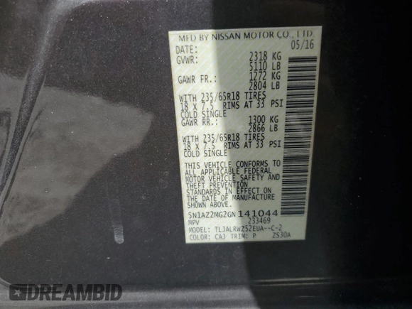 2016 Nissan Murano SL z VIN 5N1AZ2MG2GN141044, wystawiony jako Copart lot #53510865 z przebiegiem Nie podano mil oraz Szkoda całkowita • Salvage title. Historia ofert i sprzedaży dostępna na DreamBid. Obrazek 14.