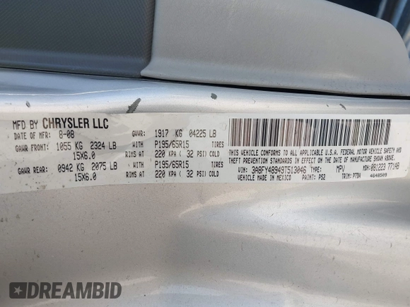2009 Chrysler PT Cruiser with VIN 3A8FY48949T513046, listed as a IAAI auction lot 42557788 with 139,986 mi miles and . Bid and sale history available at DreamBid. Image 9.