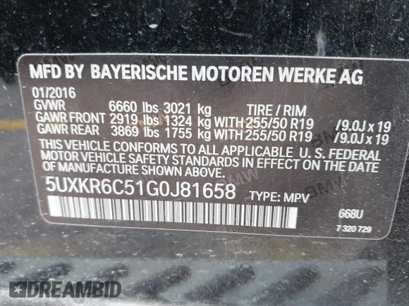 2016 BMW X5 xDrive50i with VIN 5UXKR6C51G0J81658, listed as a IAAI auction lot 41801382 with 34,572 mi miles. Bid and sale history available at carsss.com. Image 9.