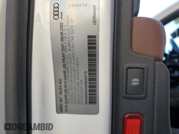 2017 Audi A4 Season of Audi ultra Premium with VIN WAUKMAF40HN043715, listed as a Copart auction lot 81083904 with 100,140 mi miles and Salvage Title. Bid and sale history available at carsss.com. Image 12.
