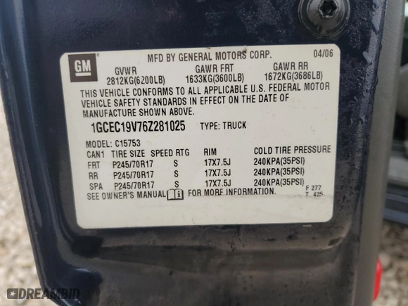 2006 Chevrolet Silverado 1500 LT1 with VIN 1GCEC19V76Z281025, listed as a Copart auction lot 43035525 with 277,843 mi miles and Salvage Title. Bid and sale history available at carsss.com. Image 14.