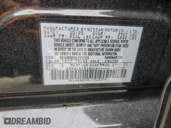2020 Nissan Sentra S with VIN 3N1AB8BV0LY312094, listed as a Copart auction lot 44261585 with 42,146 mi miles and Salvage Title. Bid and sale history available at carsss.com. Image 13.