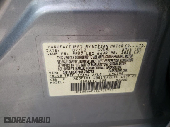 2012 Nissan Sentra S z VIN 3N1AB6AP4CL766773, wystawiony jako Copart lot #59935645 z przebiegiem 153 963 mil mil oraz Czysty tytuł • Clean title. Historia ofert i sprzedaży dostępna na DreamBid. Obrazek 12.