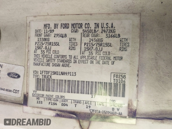 1990 Ford F-150 z VIN 1FTDF15N1LNA49113, wystawiony jako IAAI lot #42831924 z przebiegiem 48 253 mil mil oraz . Historia ofert i sprzedaży dostępna na DreamBid. Obrazek 9.