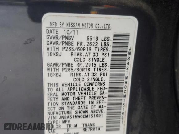 2012 Infiniti FX with VIN JN8AS1MW0CM151991, listed as a Copart auction lot 62038085 with 233,504 mi miles and Salvage title. Bid and sale history available at DreamBid. Image 13.
