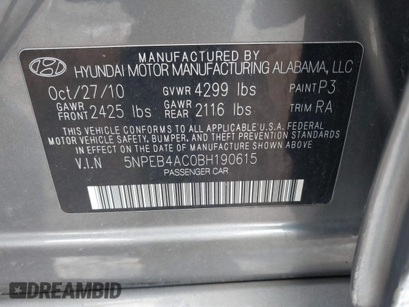 2011 Hyundai Sonata GLS with VIN 5NPEB4AC0BH190615, listed as a IAAI auction lot 41974778 with 197,082 mi miles and . Bid and sale history available at carsss.com. Image 9.