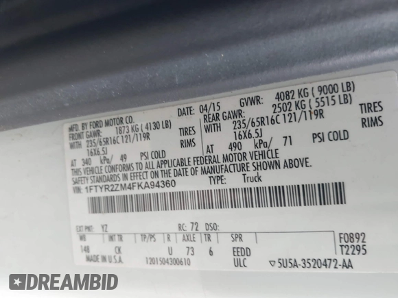 2015 Ford Transit Cargo with VIN 1FTYR2ZM4FKA94360, listed as a IAAI auction lot 41931202 with 324,881 mi miles and . Bid and sale history available at carsss.com. Image 9.