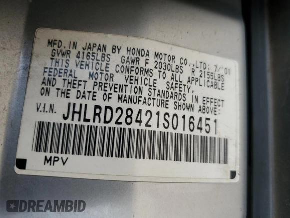 2001 Honda CR-V LX with VIN JHLRD28421S016451, listed as a Copart auction lot 78329084 with 152,361 mi miles and Salvage Title. Bid and sale history available at carsss.com. Image 13.
