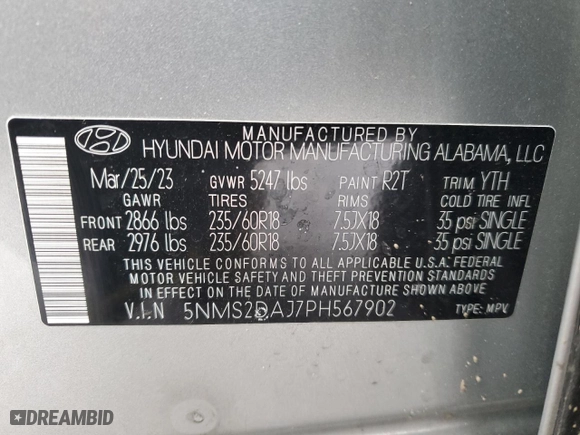 2023 Hyundai Santa Fe SEL with VIN 5NMS2DAJ7PH567902, listed as a Copart auction lot 45839285 with 20,672 mi miles and Salvage Title. Bid and sale history available at carsss.com. Image 16.