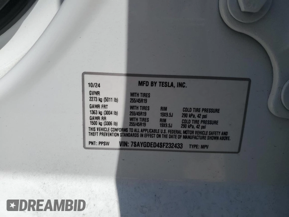 2025 Tesla Model Y Long Range with VIN 7SAYGDED4SF232433, listed as a Copart auction lot 51504015 with Not Provided miles and Salvage Title. Bid and sale history available at DreamBid. Image 14.