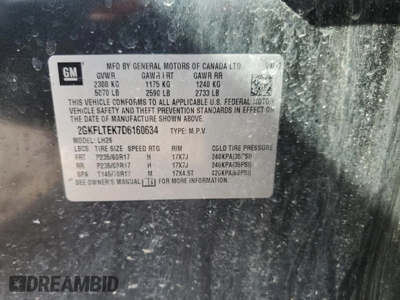 2013 GMC Terrain SLE with VIN 2GKFLTEK7D6160634, listed as a Copart auction lot 47461825 with 168,516 mi miles and Salvage Title. Bid and sale history available at DreamBid. Image 14.