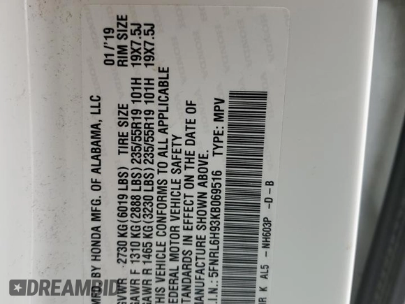 2019 Honda Odyssey Elite z VIN 5FNRL6H93KB069516, wystawiony jako Copart lot #53795885 z przebiegiem 96 808 mil mil oraz Szkoda całkowita • Salvage title. Historia ofert i sprzedaży dostępna na DreamBid. Obrazek 13.