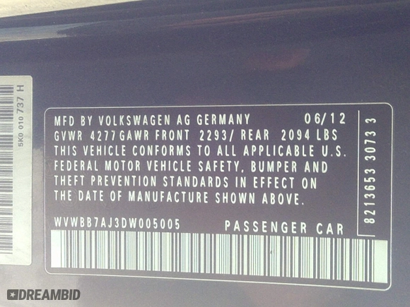 2013 Volkswagen Golf w/Conv & Sunroof with VIN WVWBB7AJ3DW005005, listed as a IAAI auction lot 41215029 with 132,922 mi miles. Bid and sale history available at carsss.com. Image 9.