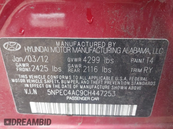 2012 Hyundai Sonata Limited with VIN 5NPEC4AC9CH447253, listed as a IAAI auction lot 42046810 with 108,750 mi miles and . Bid and sale history available at carsss.com. Image 9.