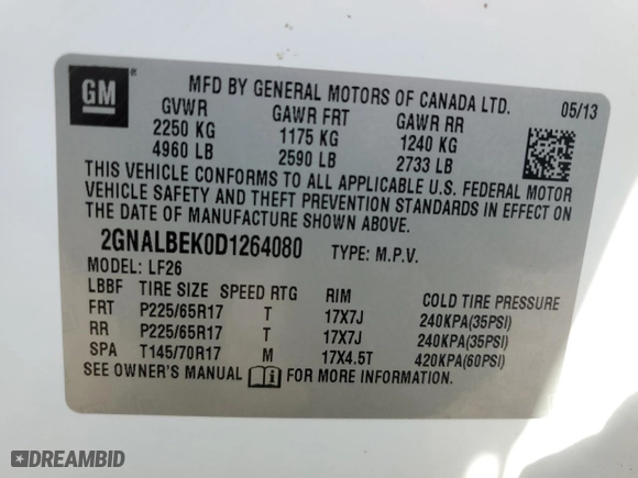 2013 Chevrolet Equinox LS with VIN 2GNALBEK0D1264080, listed as a Copart auction lot 48077705 with 120,475 mi miles and Salvage Title. Bid and sale history available at carsss.com. Image 13.