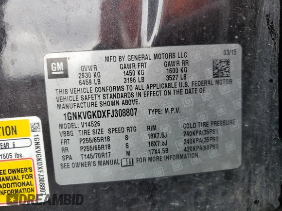 2015 Chevrolet Traverse LT with VIN 1GNKVGKDXFJ308807, listed as a Copart auction lot 51028315 with 140,153 mi miles and Salvage Title. Bid and sale history available at DreamBid. Image 13.