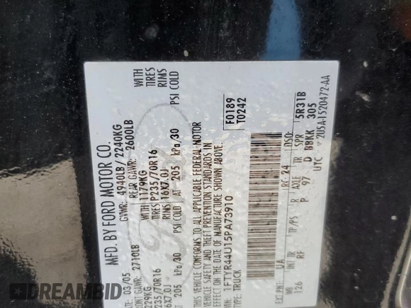2005 Ford Ranger XLT with VIN 1FTYR44U15PA73910, listed as a Copart auction lot 89290625 with 168,953 mi miles and Salvage Title. Bid and sale history available at DreamBid. Image 12.