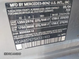 2005 Mercedes-Benz M 350 with VIN 4JGAB57E75A531903, listed as a IAAI auction lot 42497065 with 125,027 mi miles and . Bid and sale history available at DreamBid. Image 9.