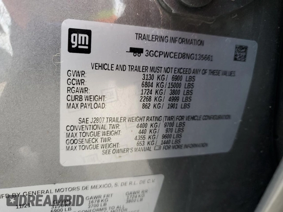 2022 Chevrolet Silverado 1500 LT with VIN 3GCPWCED8NG135661, listed as a Copart auction lot 50058095 with 61,874 mi miles and Salvage Title. Bid and sale history available at DreamBid. Image 12.