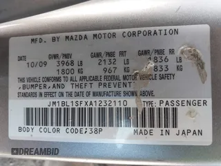 2010 Mazda 3 i Sport with VIN JM1BL1SFXA1232110, listed as a IAAI auction lot 42479320 with 228,649 mi miles and . Bid and sale history available at DreamBid. Image 9.