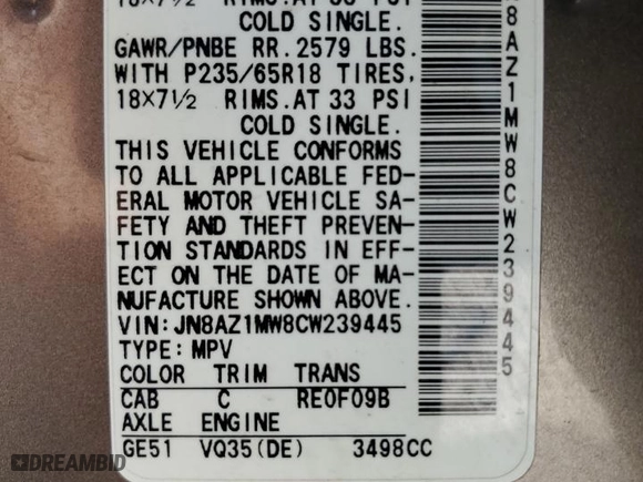 2012 Nissan Murano SL with VIN JN8AZ1MW8CW239445, listed as a Copart auction lot 69388134 with 159,399 mi miles and Salvage Title. Bid and sale history available at carsss.com. Image 12.