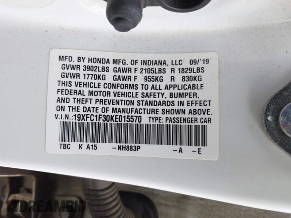 2019 Honda Civic Sedan EX with VIN 19XFC1F30KE015570, listed as a IAAI auction lot 41663514 with 152,084 mi miles. Bid and sale history available at carsss.com. Image 9.