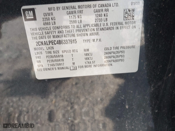 2011 Chevrolet Equinox LT w/2LT with VIN 2CNALPEC4B6337915, listed as a IAAI auction lot 41891657 with 172,447 mi miles. Bid and sale history available at carsss.com. Image 9.