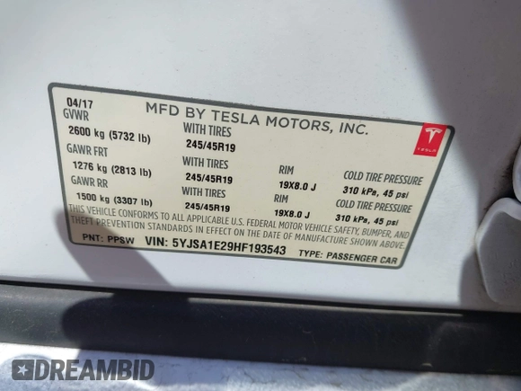 2017 Tesla Model S 100D with VIN 5YJSA1E29HF193543, listed as a IAAI auction lot 41903052 with 120,239 mi miles. Bid and sale history available at carsss.com. Image 9.